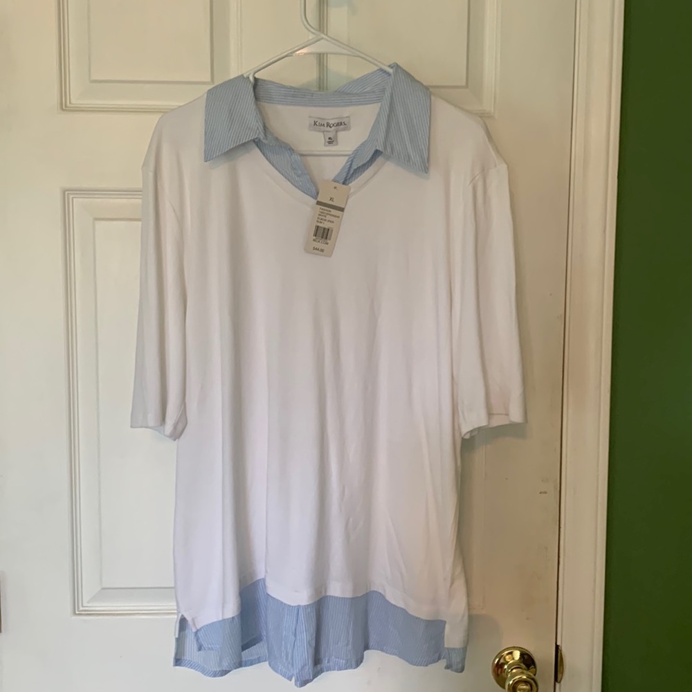 Light weight white and blue top. Can easily be casual and dress up.
